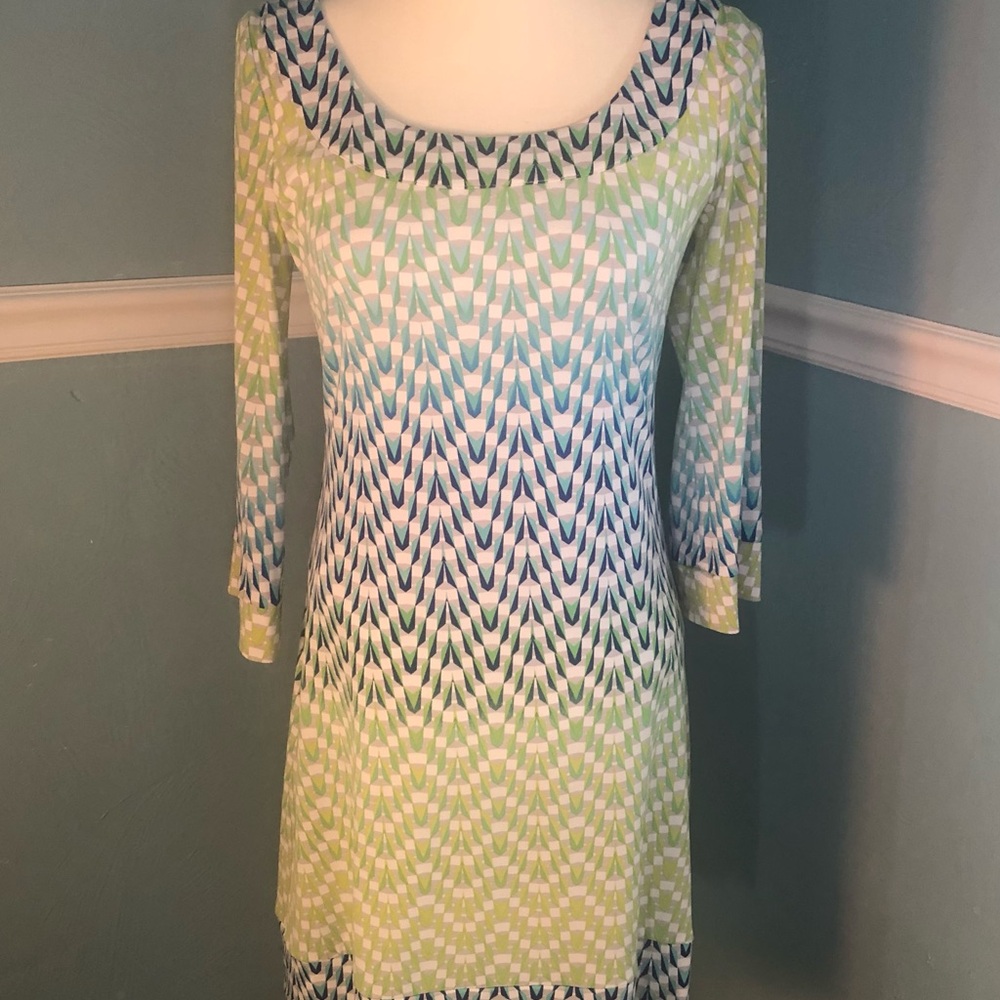 Jessica Simpson Elegant Green and Blue Patterned Dress 6 New
